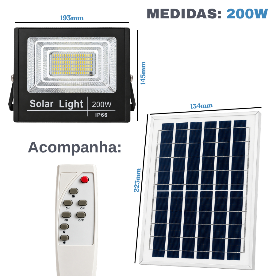 Holofote Refletor Solar 300W 200W 100W Lite Super Led IP66 Acompanha Placa Solar Luz Branco Frio — imagem 2 de 2
