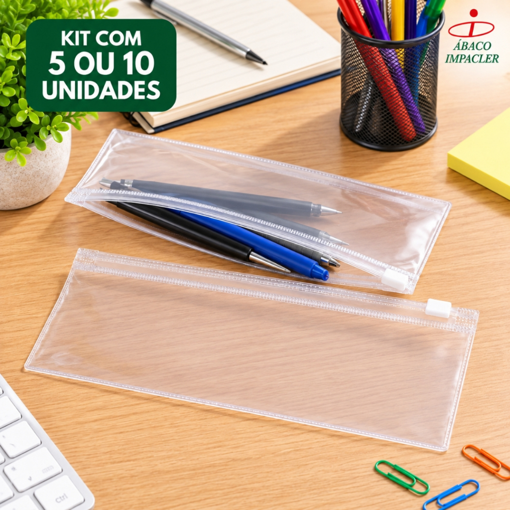Kit 5 ou 10 Estojos Zip Zap PVC Cristal 22x9cm Transparente Canetas Manicure Acessórios