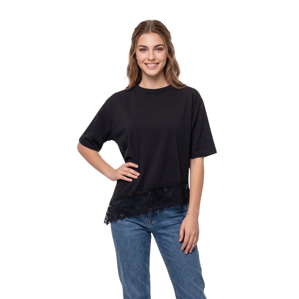 Blusa Feminina Suede Premium Barra Assimétrica Detalhe em Renda Manga Curta Larguinha M G e GG Casual