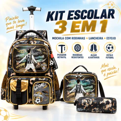 Kit Mochila Lancheira Estojo Infantil Rodinhas Menino Futebol Reforçado Lequeen