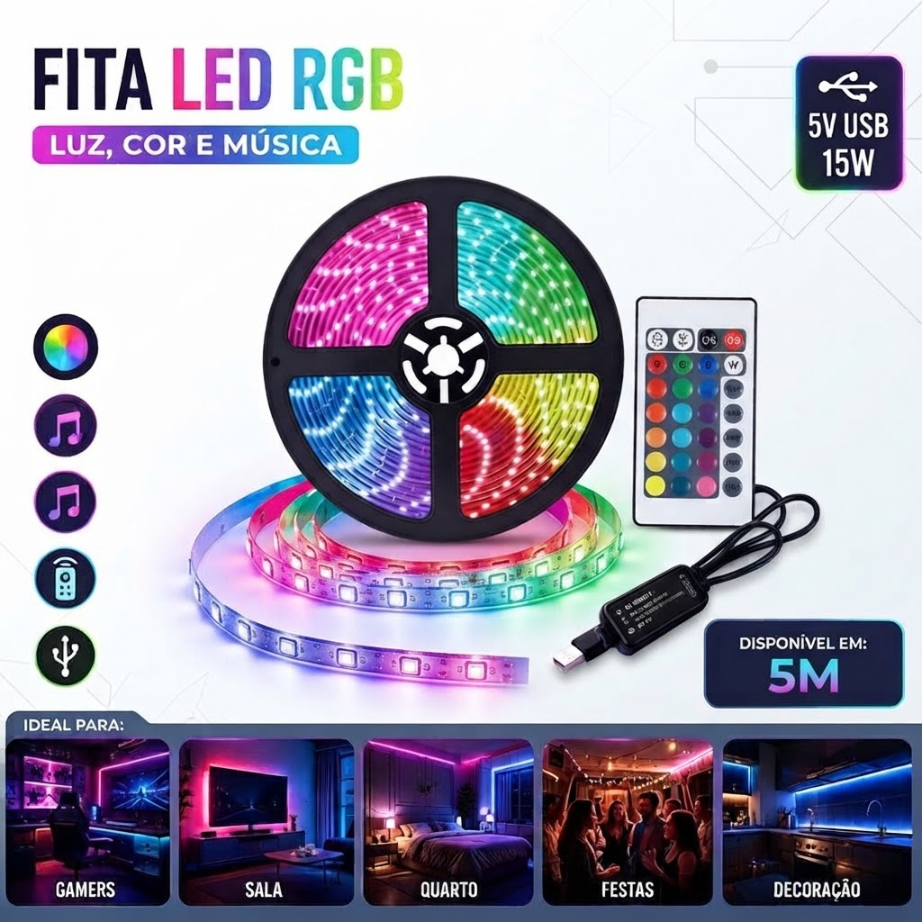 Fita de LED RGB 5 Metros ONEX 5V USB com Controle Remoto, Mudança de Cor e Música para Decoração, Quarto e TV