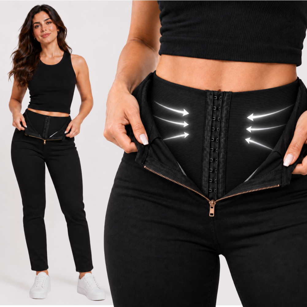 Calça Cinta Modeladora Jeans Super Lipo Zero Barriga Empina Bumbum