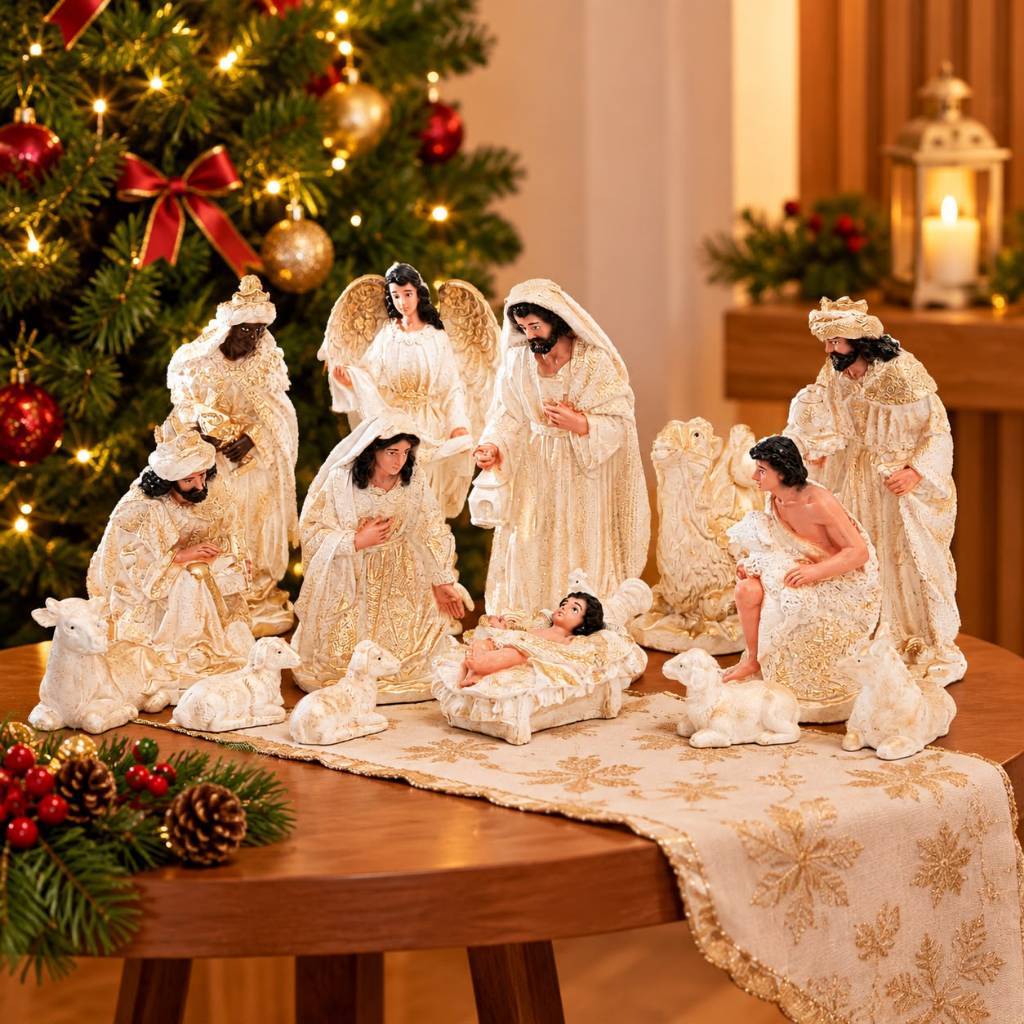 Presépio de natal 15 peças completo com 20cm de altura dourado decoração de natal natalino rico detalhes gesso resinado