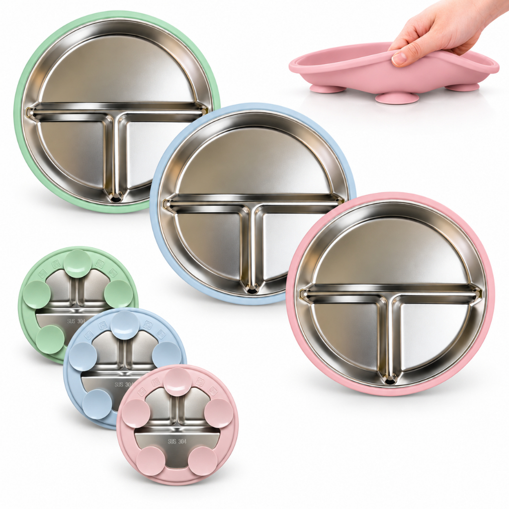 Prato Bebê Infantil Criança 3 Divisórias Inox Silicone Ventosas Alimentação Livre de BPA