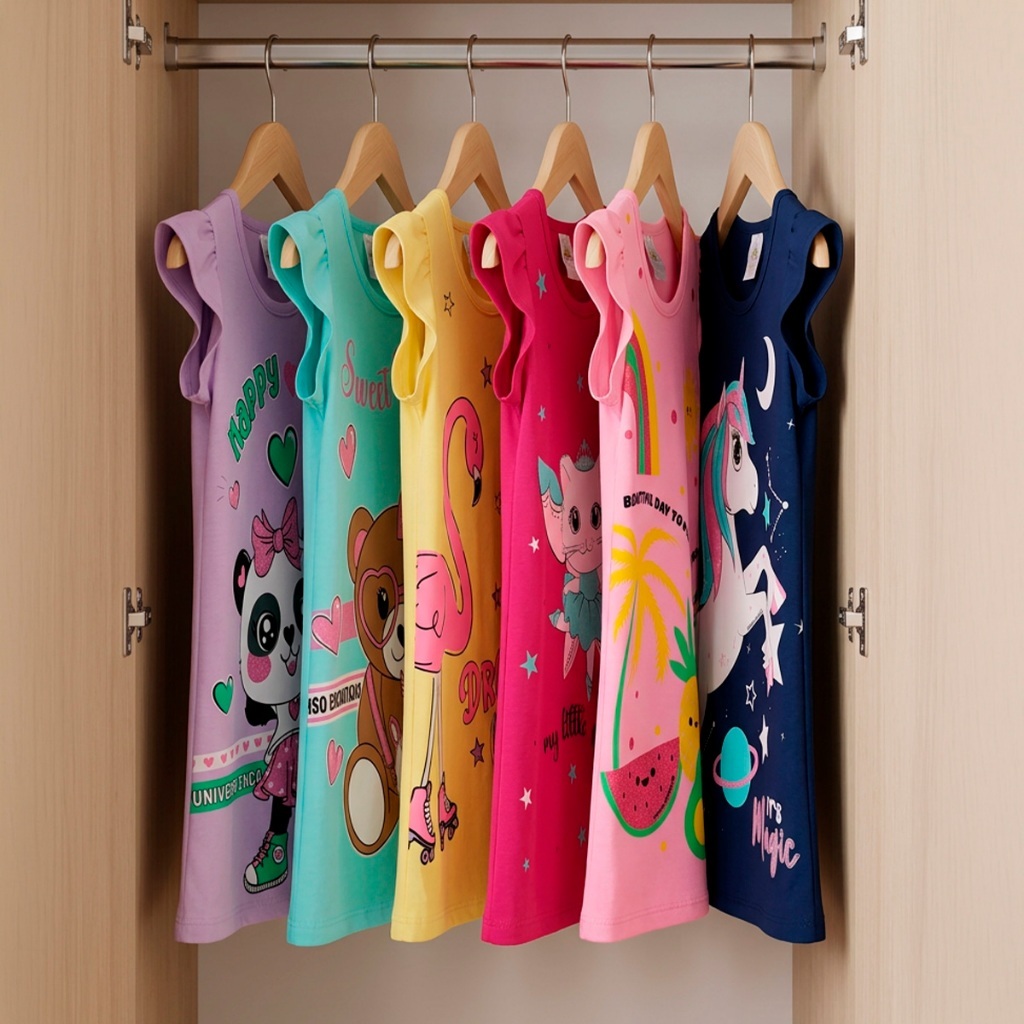Kit 3 Vestido Bebe Menina Verão Estampados 100% Algodão com Mangas Franzidas - Kit Sortido Tamanhos 1 ao 10 · foto 2