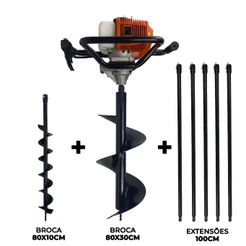 Perfurador de Solo a Gasolina 2T 52cc 2,5HP com Broca 10cm + 30cm + 5 Extensor 1m Carbon Fak