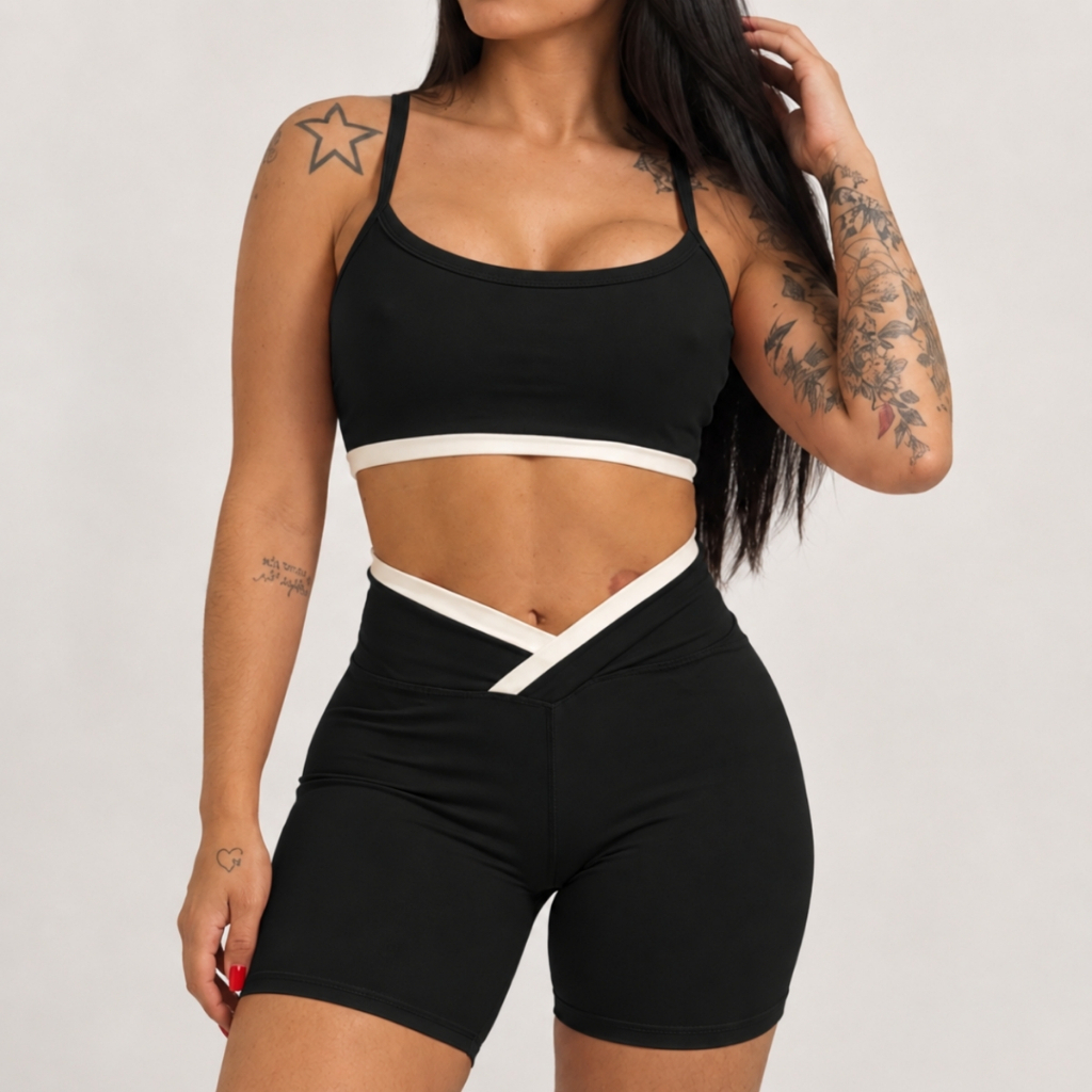 Conjunto Fitness Feminino Top Short Cós Cruzado Academia Cintura Alta Zero Transparência Treino