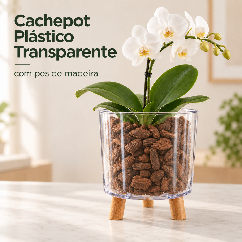 Vaso Cachepot Plástico Transparente Com Pés De Madeira 15x19cm Acrílico Para Orquídeas e Pequenos Vasos