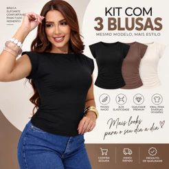 Kit 3 Blusa Feminina Drapê Lateral Modelagem Ajustada Tecido Geladinho Casual Básica Versátil
