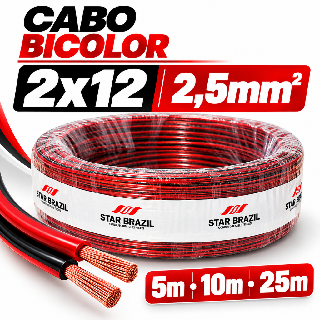 Cabo de Som Automotivo Paralelo Bicolor 2x12 2,5mm 2  Vias Alto Falante 5m 10m 25m