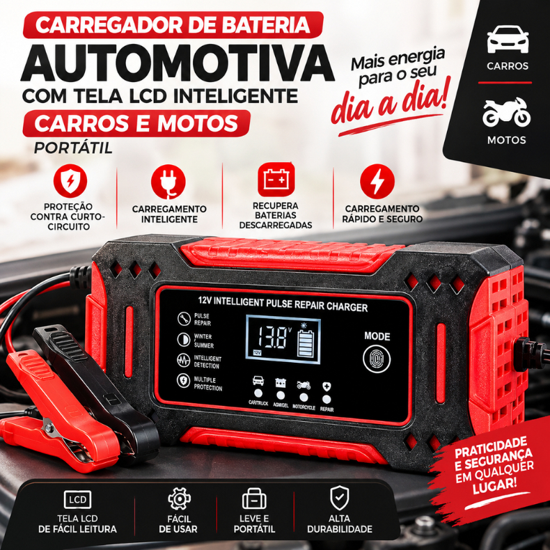 Carregador de Bateria Automotivo 12V Carregador de Bateria Automotivo - Display Digital