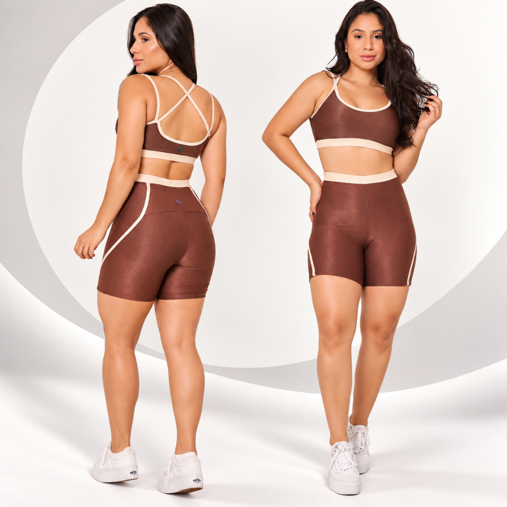 Conjunto Fitness Feminino Short e Top Sophia Bicolor com Bolso Canelado Zero Transparência Academia Treino Versatil
