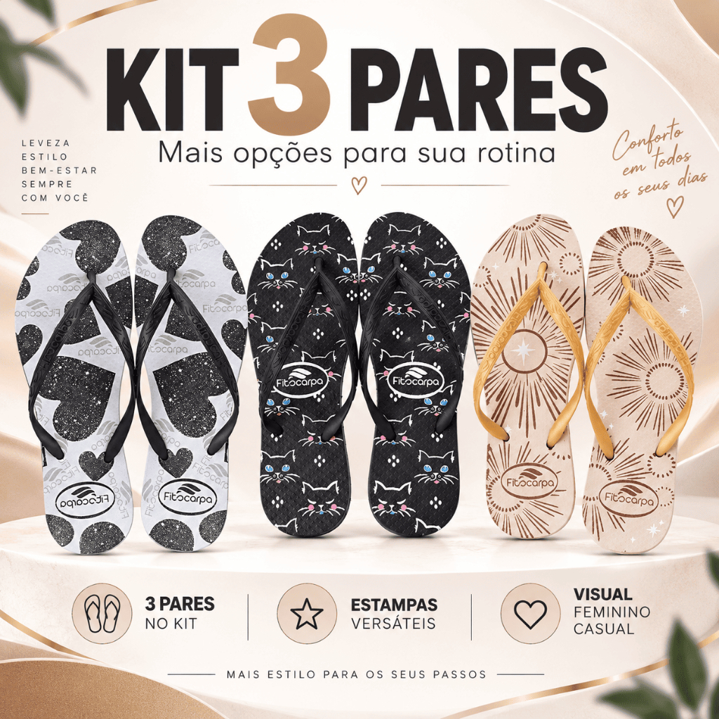 Kit 3 Pares Chinelo Feminino De Dedo Leve Macio Confortável Borracha Rasteiro Antiderrapante Casual Dia a Dia