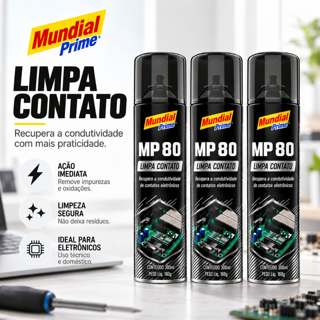 Limpa Contato MP80 spray 300ml MUNDIAL PRIME Eletrônicos Placas Consoles Entradas De Cabos E PC