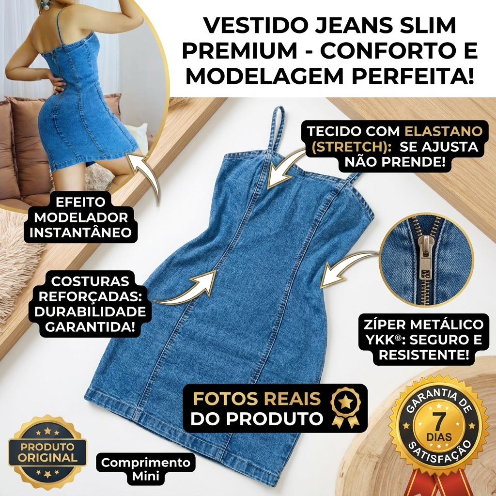 Vestido Jeans Feminino Curto Alcinha Com Elastano Lycra Tubinho Zíper Costas Modela Silhueta.