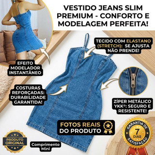 Vestido Jeans Feminino Curto Alcinha Com Elastano Lycra Tubinho Zíper Costas Modela Silhueta.