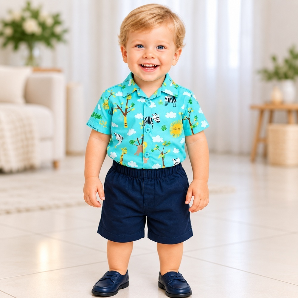 Conjunto Infantil Bebê Menino Mauricinho Camisa Social Mais Shorts Temático de 01 a o3 Anos