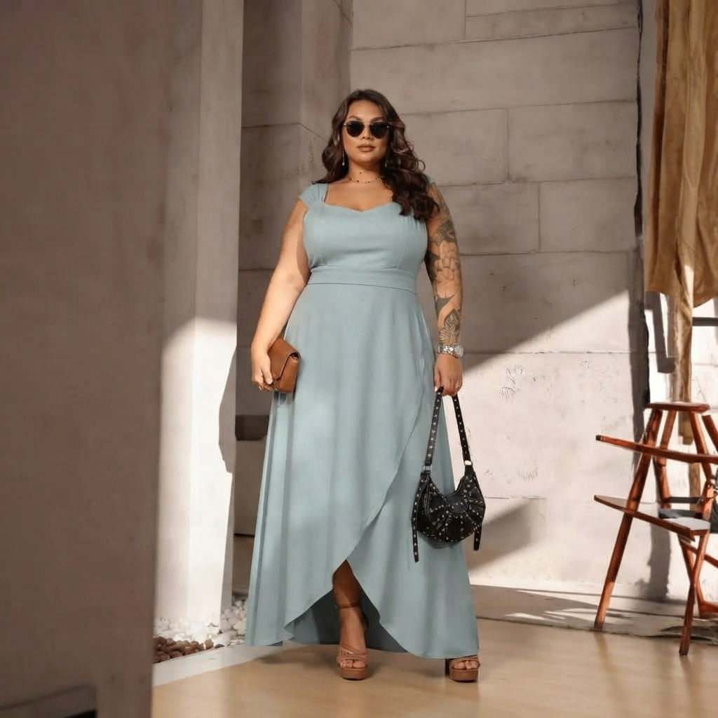 Vestido Transpassado Plus Size Elegante Midi Liso Moda Evangélica Festa Fenda — imagem 2 de 2