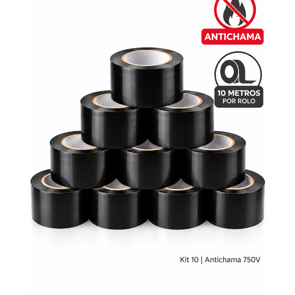 Fita Isolante Antichama 750V Cola Forte Kit 10 Rolos - 100 Metros Casa, Industria, Elêtrica Preta