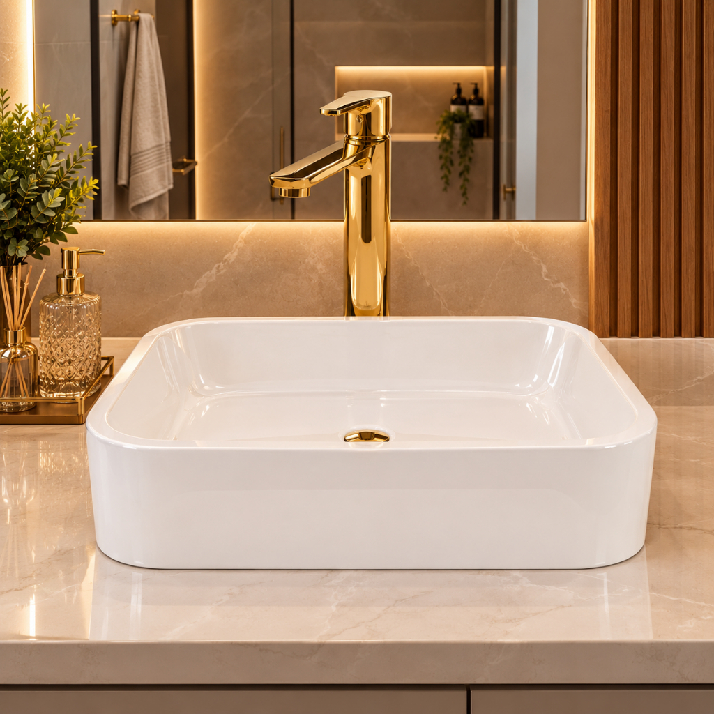 Cuba de Banheiro 38cm Cuba de Apoio Mármore Sintético para Lavabo Branca Movelove