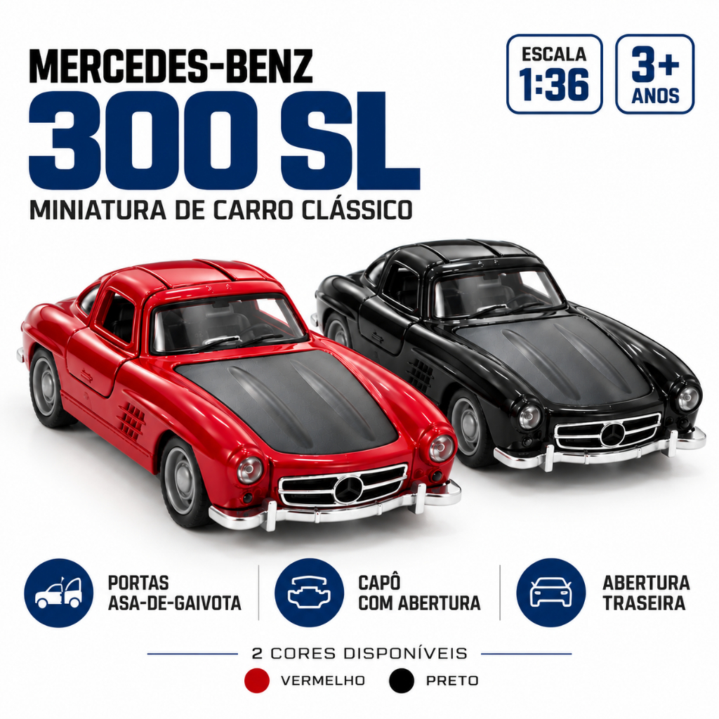 Miniatura Mercedes 300SL Escala 1:32 Metal Fricção Abertura de Portas Colecionável Realista
