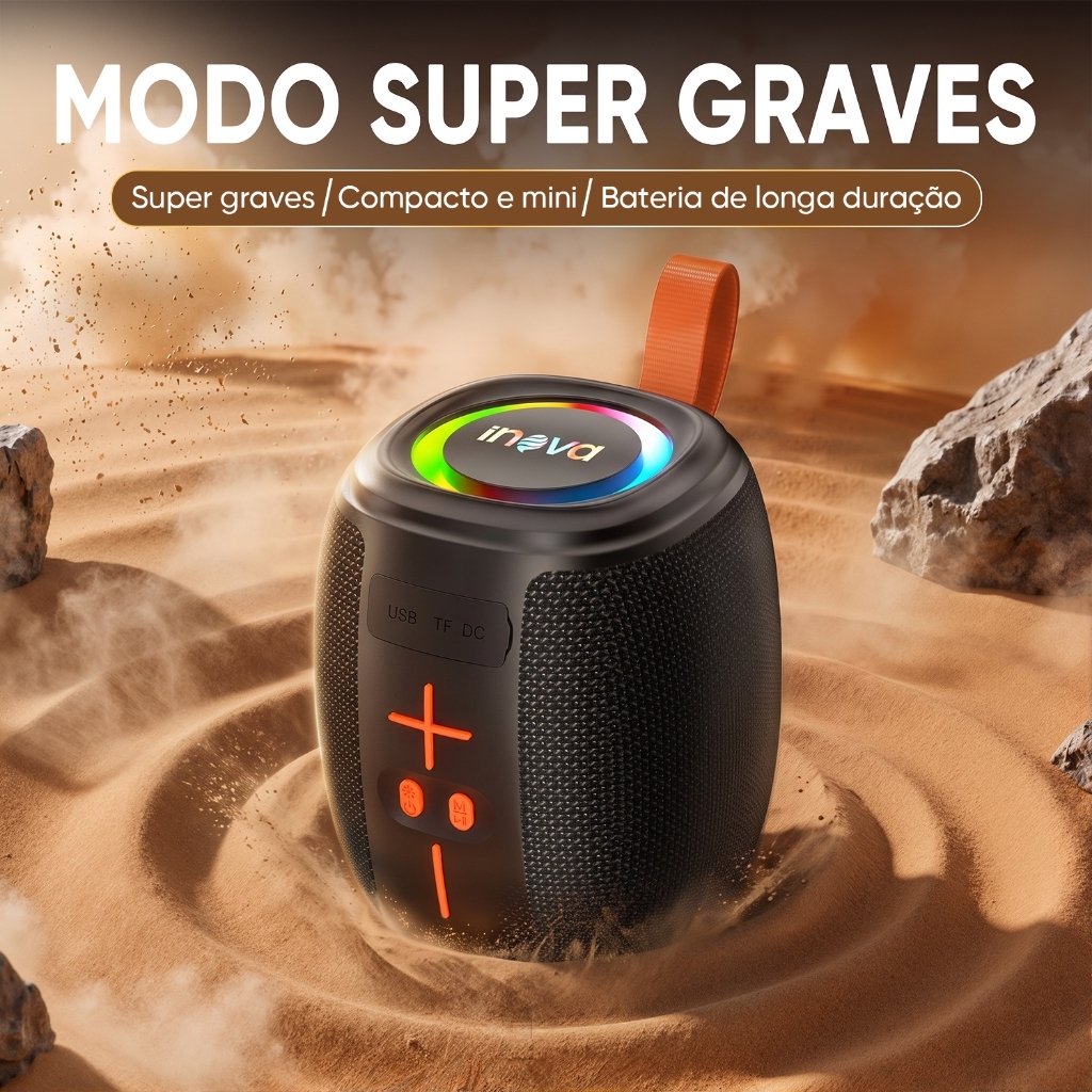 INOVA Caixa de Som Bluetooth Portátil Super Graves TWS RGB IPX5 Bateria 4 a 6 Horas Leve 360g