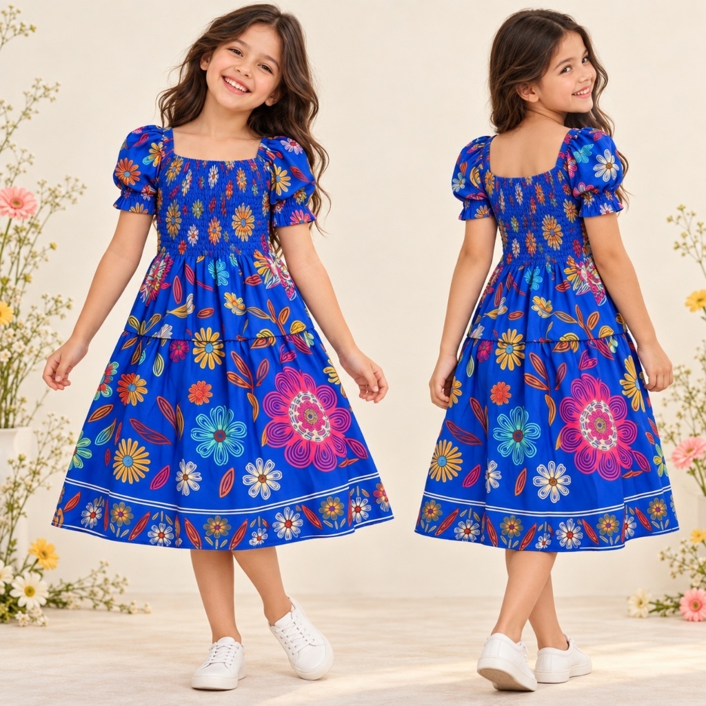 Vestido Infantil Estampado Menina Elegante Confortável com Manga Princesa Elástico