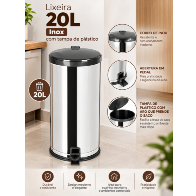 Lixeira Inox 20l Pedal Tampa Antiodor Cozinha Banheiro