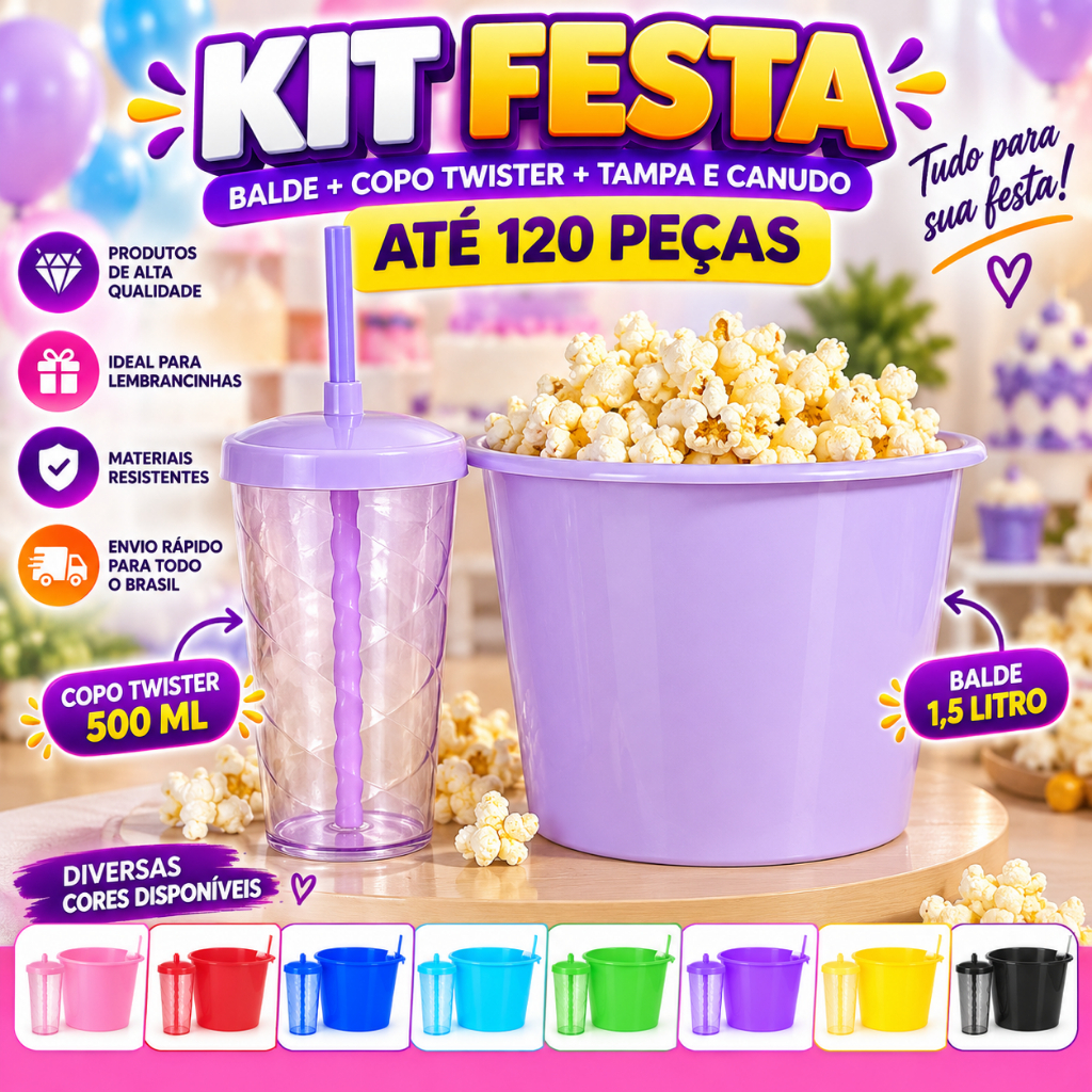 Kit Cineminha até 30 Balde De Pipoca 1.5 Litros + 30 Copos Twister Color 500 ML Decoração para Festas