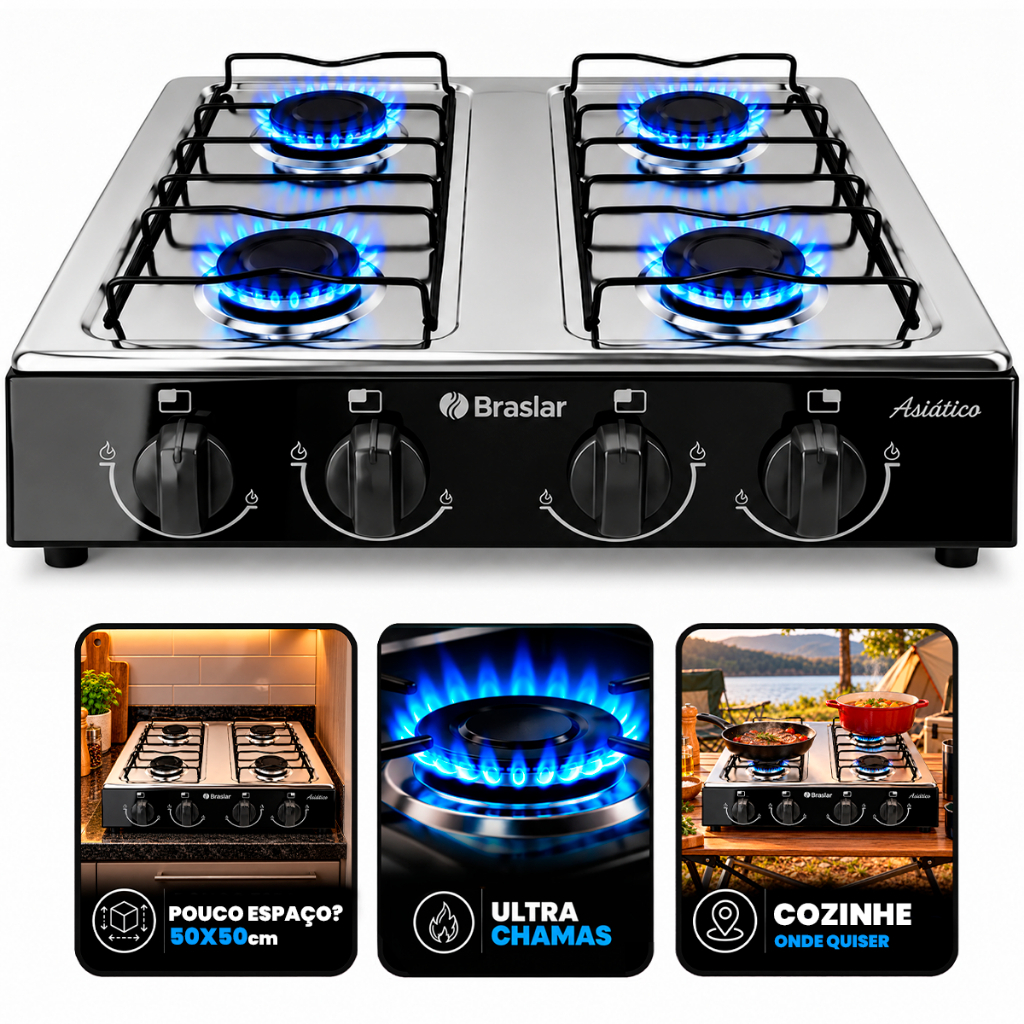 Fogão Cooktop De Mesa Portátil A Gás 4 Bocas Braslar