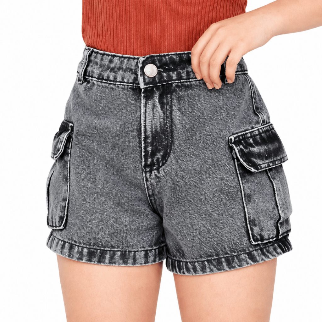 Short cargo jeans infantil juvenil cintura alta bolsos laterais 10 ao 16 premium