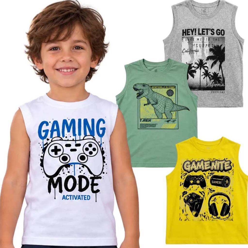Kit 3 Regatas Infantil Menino Algodão Verão Estampas Sortidas
