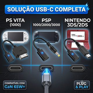 Adaptador USB C Carregador Para PSP PS Vita 1000 e Nintendo 3DS 2DS DSi Plug Conversor Tipo C