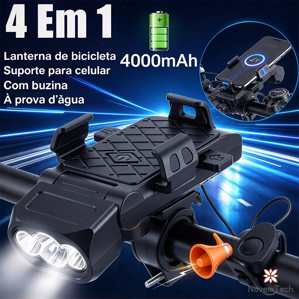 Lanterna Bike Com Buzina Suporte Para Celular  4 Em 1 Multifuncional Farol Bicicleta Recarregável À Prova D'Água