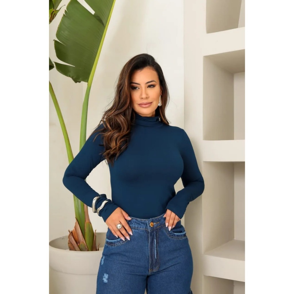 Blusa Feminina Cacharrel Manga Longa Gola Alta Malha Canelada Confortável Inverno