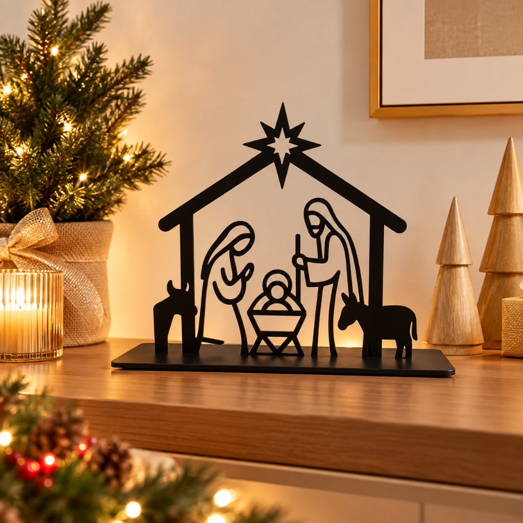 Enfeite Decorativo de Mesa Presépio Natalino Com Base Em MDF Preto 20 Cm Altura Estilo Minimalista