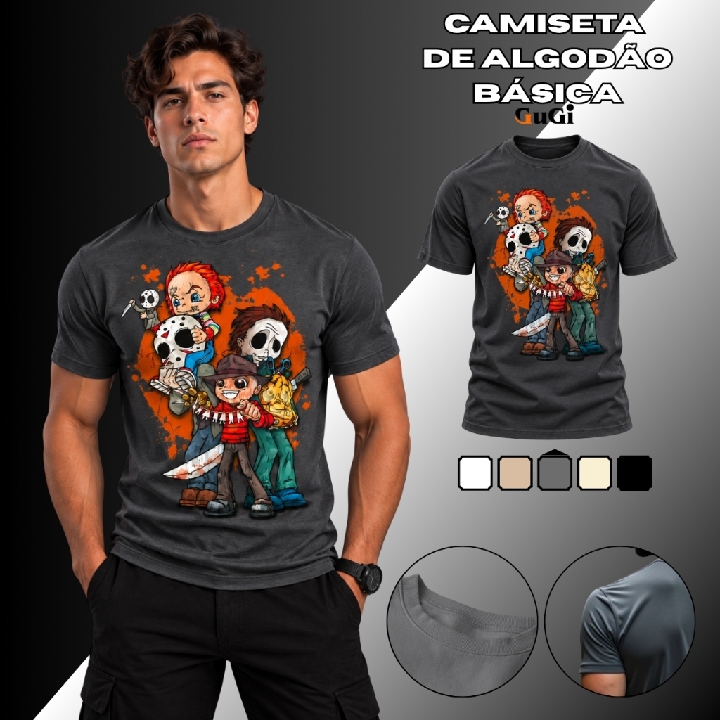 Camiseta Masculina Terror Halloween Personagens Slasher Algodão Estampada Casual