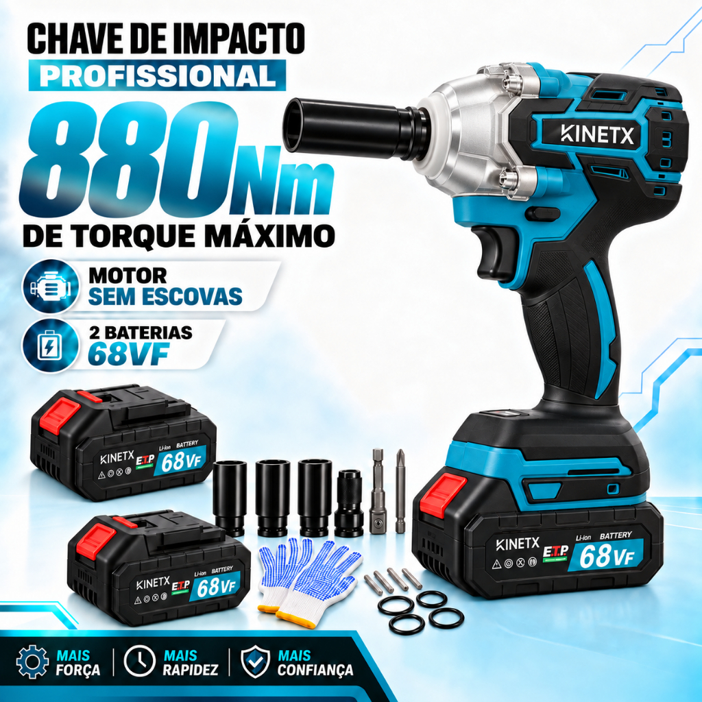 Chave de Impacto Sem Fio 880Nm 68Vf 2 Baterias Brushless Motor Portátil Profissional Recarregáveis