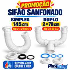 Sifão Sanfonado Plastuning Simples Longo 1,45m ou Duplo 2x70cm para Pia e Tanque Kit 1, 2 ou 4 Unidades