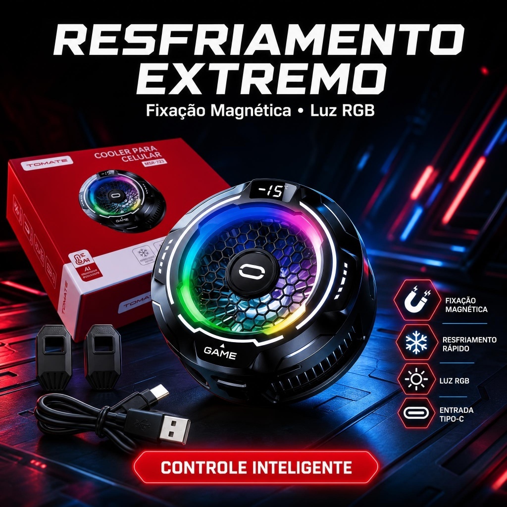 Cooler para Celular MSR-723 Magnético RGB 2 Velocidades Resfriamento para Jogos Controle Inteligente de Temperatura