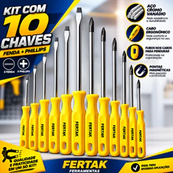 Kit 10 Chave de Fenda E Phillips Profissional Jogo De Chaves Magnéticas Resistente Envio Imediato