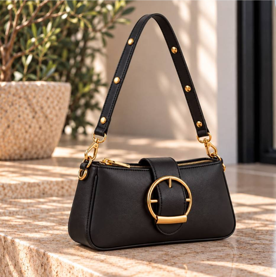 Bolsa Feminina de Ombro Pequena Elegante com Fivela Dourada Alça Curta Bolsa Baguete Casual moda