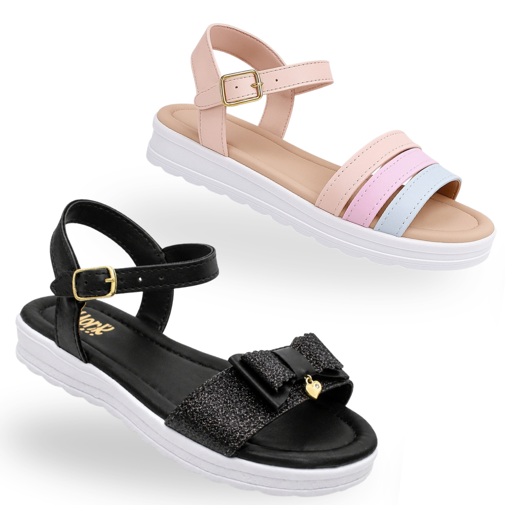 Kit 2 Pares Sandália Rasteira Infantil Menina Feminina 21 ao 36 com Glitter Coloridas Percata Confortável Ultaleve