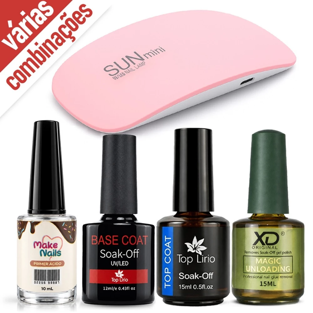 Kit Esmaltação em Gel c/ Top Coat Primer Magic Remover Esmalte Unhas Manicure