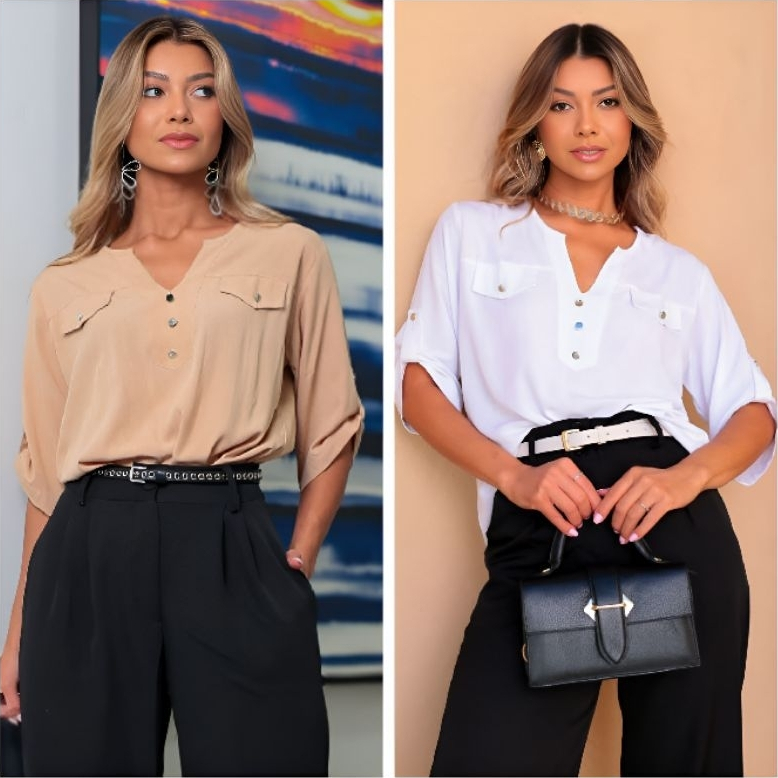 CAMISA SOCIAL FEMININA MANGA 3/4 ELEGANTE COM GOLA V E BOTÃO
