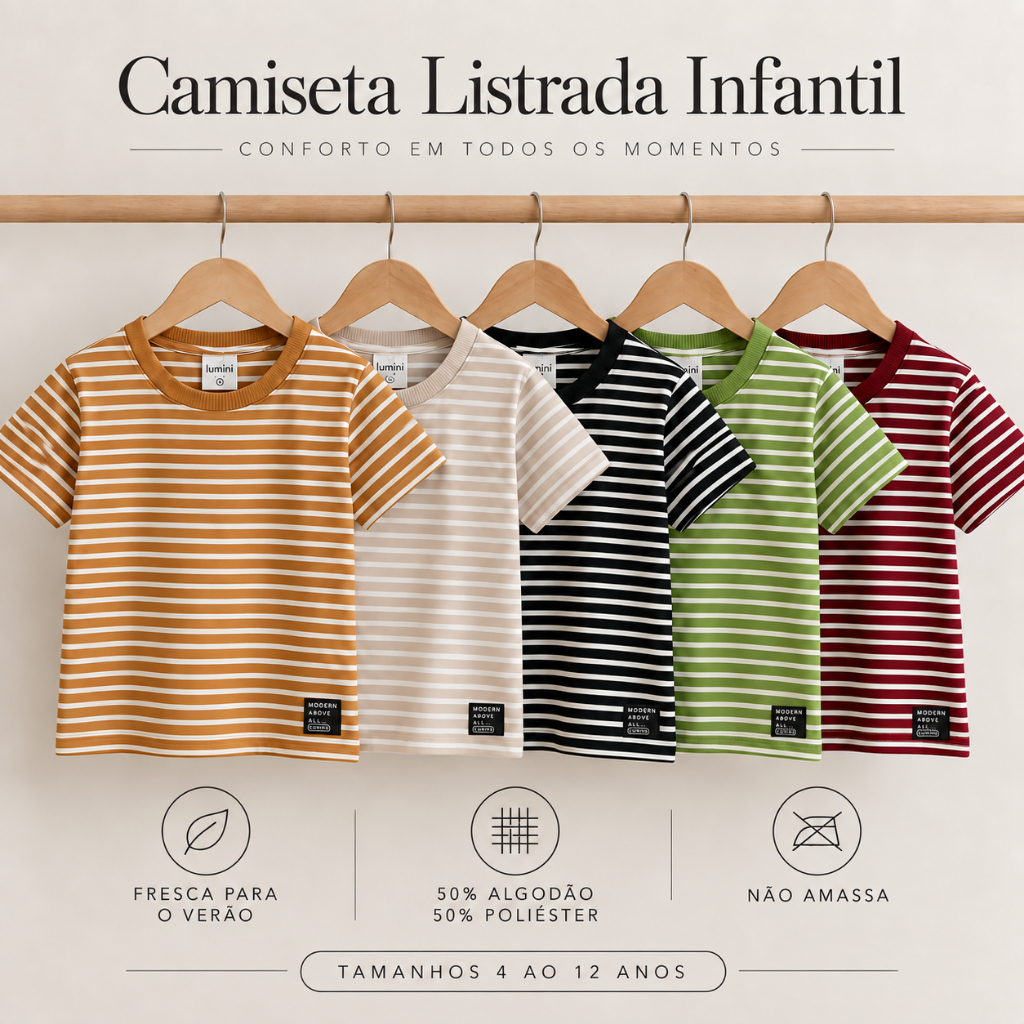 Camiseta Listrada Infantil Menino Camisa Confortavel Leve Verão Presente Dia Das Crianças