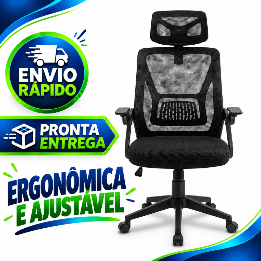 Cadeira Ergonômica Escritório Office Presidente Mesh Reclinável Tilt Lock Encosto Cabeça Ajustável Apoio Lombar