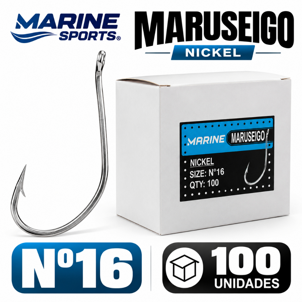 Anzol para Pesca Marine Sports Maruseigo Nº16 | Caixa 100 anzóis | Nickel Prata | Anzol com farpa