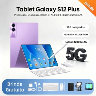 Tablet Galaxy S12 Plus 16 GB + 512 GB, 12,8 polegadas, 12.000 mAh, Android 15, teclado e mouse gratuitos