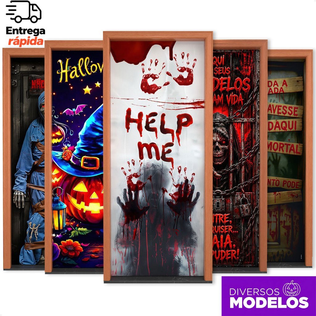 Capa De Porta Halloween Decoração Terror Dia das Bruxas Veste Porta Sublimado Em Tecido 0,80x2,10m